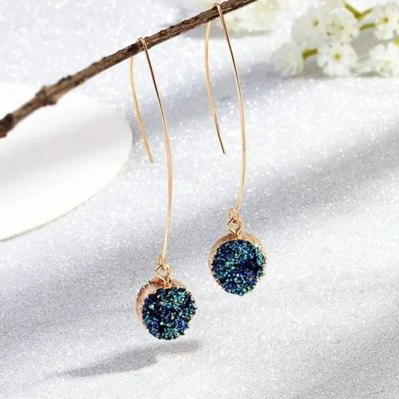 Druzy Charm Long Gold Marquise Earrings Oil Slick - Picture 1 of 2